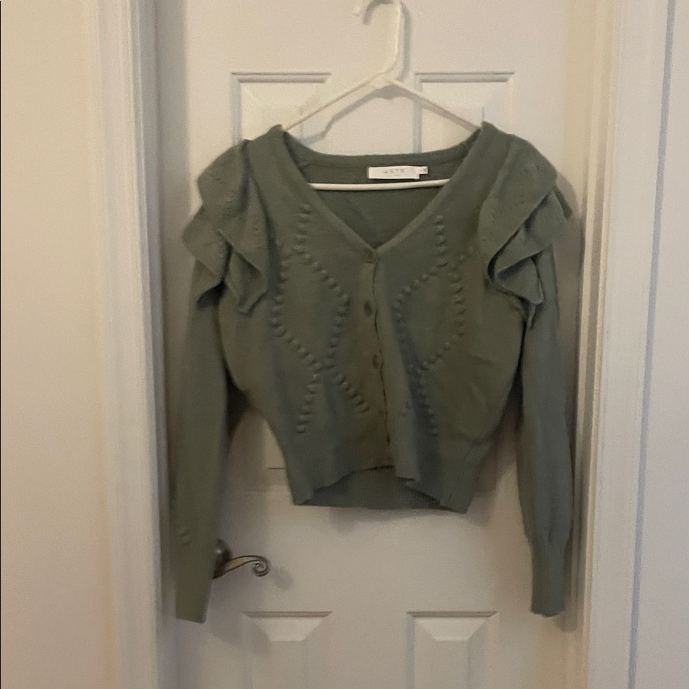 ASTR Olive Green V-Neck Ruffle Shoulder Button Cardigan Sweater